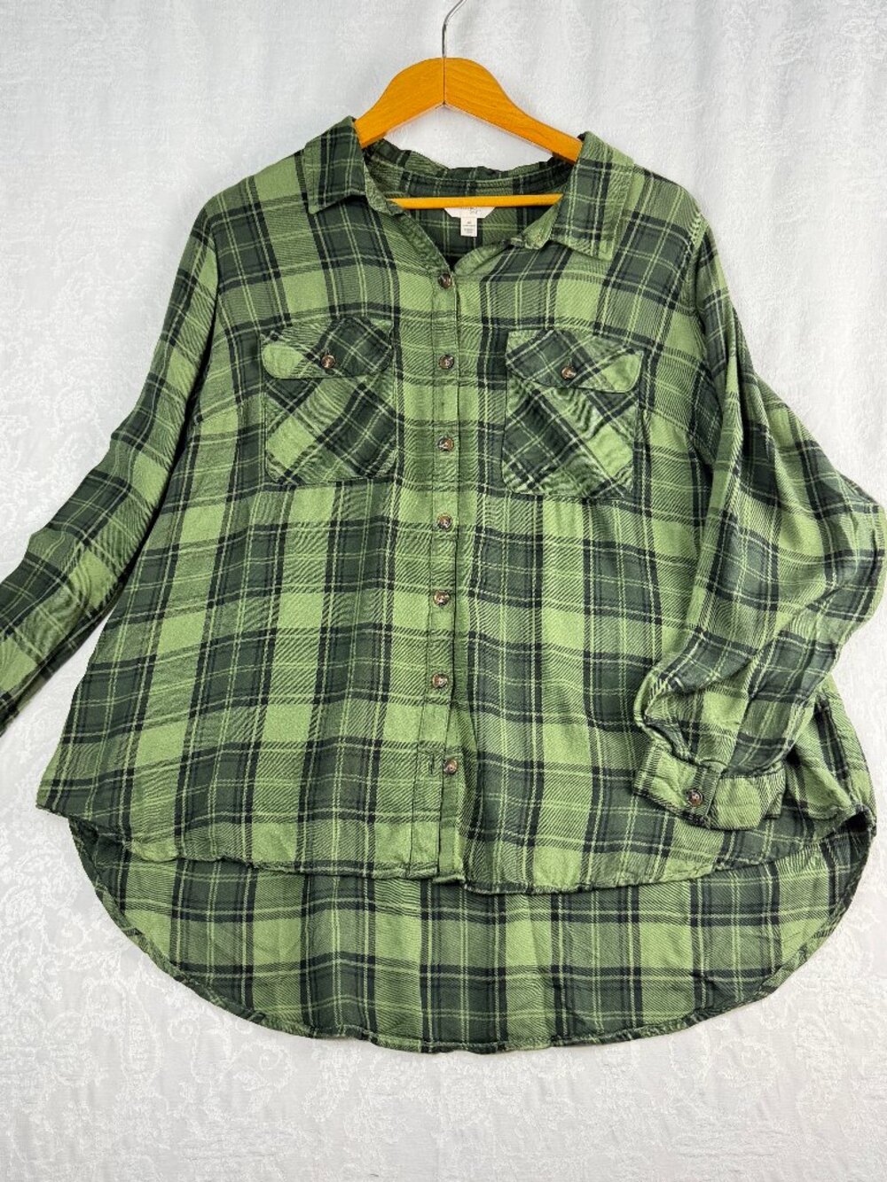 Terra & Sky Women’s 1X Green Black Plaid Button Front Shirt Plus Size Long